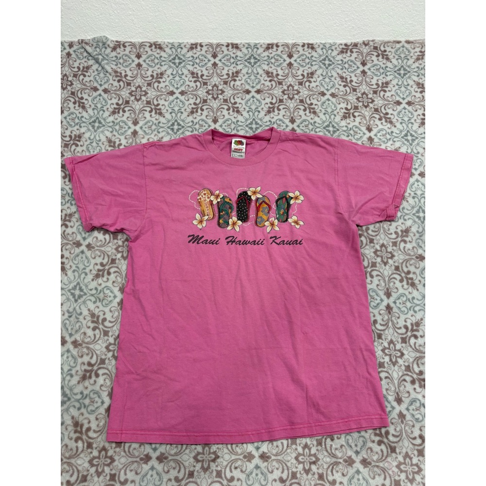 Fruit of the Loom Maui Hawaii Kauai Pink Flip Flop Graphic T-Shirt Mens Large